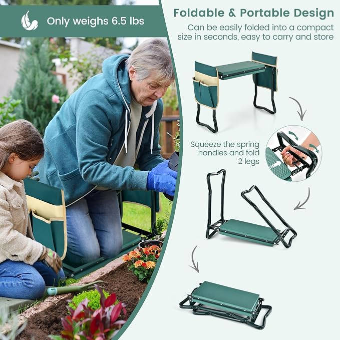 IRONMAX Garden Kneeler and Seat, Heavy Duty Foldable Gardening Bench Stool w/Soft Foam Pad & 2 Tool Storage Bags for Kneeling & Sitting, Gardening Gifts for Women Men