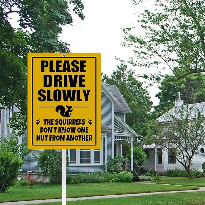 Please Drive Slowly Squirrel Yard Sign With Stake Reflective Aluminum Rustproof Caution Slow Down Wildlife Safety Sign Stand For Home Street Neighborhoods Decorations Outdoor (8x12) IN