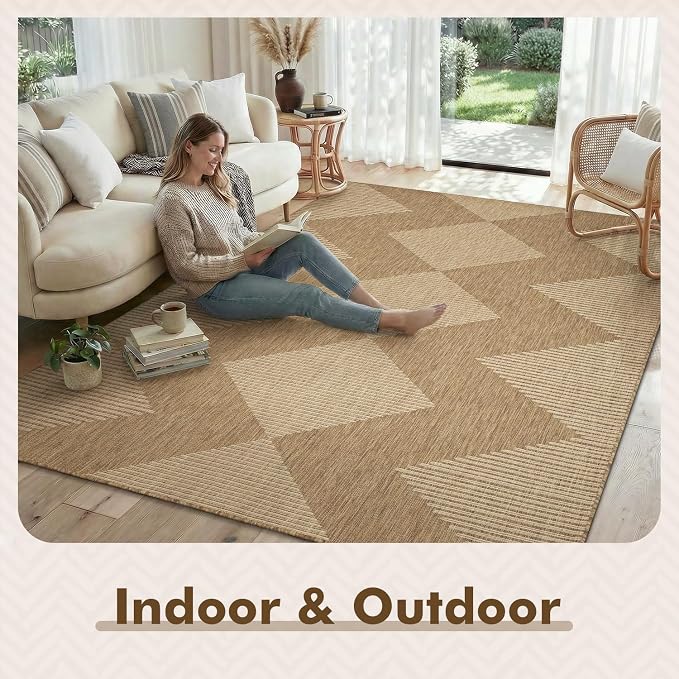 MontVoo-Outdoor Rug Carpet Patio Rug 8x10 Polypropylene Indoor Outdoor Rugs for Patio Deck Balcony Porch, Textured Weave, Durable for High Traffic, Fade-Resistant, Boho Geometric Neutral Brown