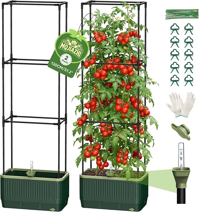 Raised Garden Bed with Tomato Cages，52"/4.3ft Tomato Planter with Trellis,Adjustable Height,Self Watering Planter Box for Vegetables & Climbing Plant Indoor Outdoor Balcony Patio (2)