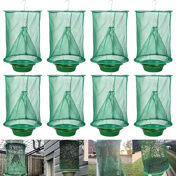 8 Pack Ranch Fly Traps Outdoor Hanging, Reusable Stable Fly Hunter Catcher Cage with Food Bait Tray, Flies Control Killer Repellent for Barn, Orchard, Farm, Horse, Patio