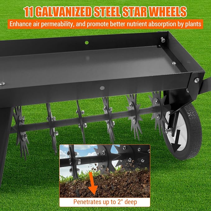 GarveeLife 40 Inch Tow Behind Aerator, Aerator Lawn Tool with Universal Hitch, Adjustable Handle, Transport Wheels, Lawn Aerator Compatible with Tractors for Garden, Farm and Lawn, Black