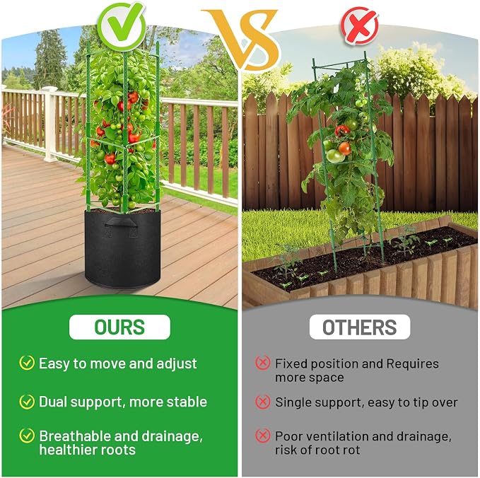 Legigo 4 Pack Tomato Cages with 10 Gallon Grow Bags- 48 Inch Tomato Trellis Planter Plant Support Stakes, Tomato Plant Cage Garden Trellis for Vertical Climbing Plants Vegetables Flowers Fruits
