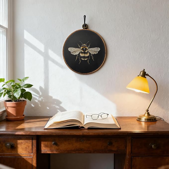 DOFQZ Dark Academia Bumble Bee Round Wall Art Decor, Vintage Moody Honey Bee Framed Wall Art, Gothic Bumblebee Canvas Wall Hanging Decor for Home Bedroom Living Room, 10x10