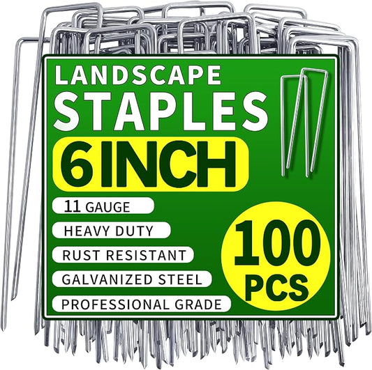 100 Pack Landscape Staples 6 Inch Garden Stakes Galvanized Garden Staples Pins Anti-Rust Ground Stakes for Weed Barrier, Irrigation Tubing, Landscaping Fabric, Yard Lawn
