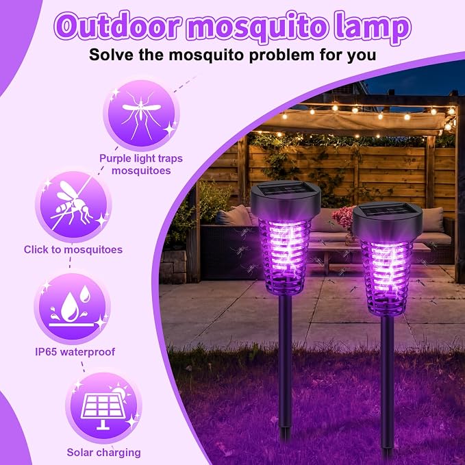 Qualirey 4 Pack Solar Bug Zapper Outdoor Waterproof Mosquito Repellent Killer Bug Zapper Lamp with LED Light for Outdoor Garden Patio Yard (Purple and Flame Light,Black)