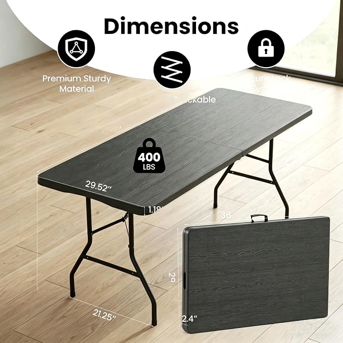 5 Pack of 6 Foot Foldable Table with Built in Handle & Steel Legs, 6FT Portable Heavy Duty Plastic Folding Tables for Parties, Dining, Wedding, Events, Picnic, Indoor & Outdoor, Camping, Utility