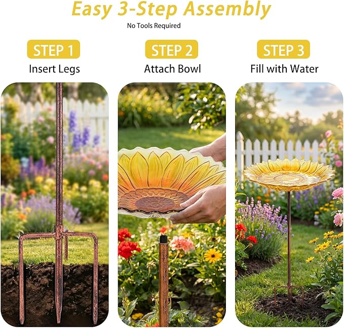 MUMTOP Glass Bird Bath, Garden Outdoor Birdbaths Birdfeeder with Metal Stake, Yellow