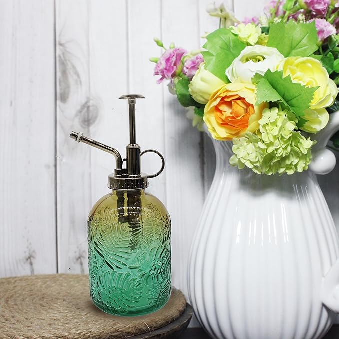 Glass Plant Mister Spray Bottle, 350ML Vintage Plant Spritzer, Succulent Watering Bottle Glass with Top Pump, Small Plants Sprayer Watering Can for Indoor (Brown Green)