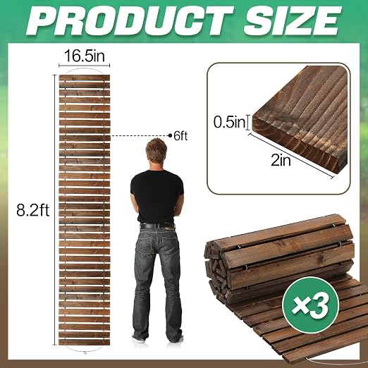 3pcs 8.2ft Wooden Garden Pathway - Weather Resistant Carbonized Pine Roll Out Decorative Walkway, Boardwalk Pathway Pavers for Outside Stepping Stones Outdoor Flooring Patio Pool Backyard (Brown)