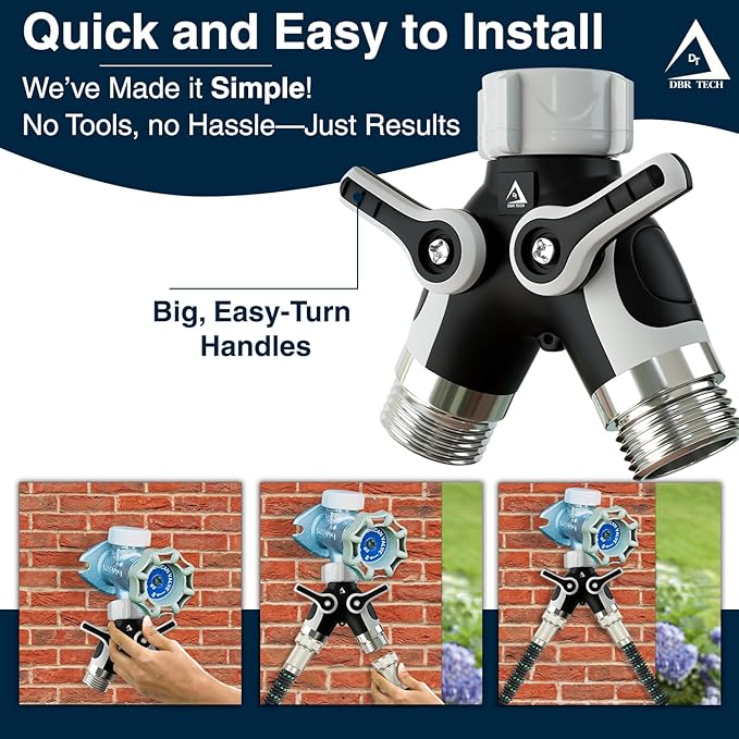 DBR Tech® Hose Splitter 2 Way, Heavy Duty Metal Connector, Two Way Garden Hose Splitter, High Flow Spigot Faucet Bib Adapter, Solid Double Y Shut Off Valve for Outdoor Gardening Hoses, Grey