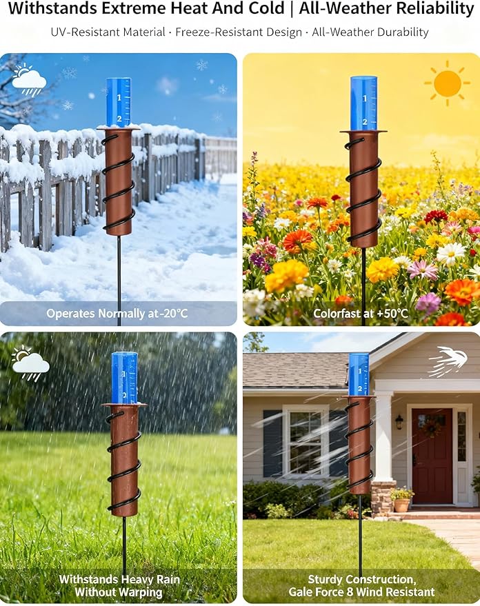 7.8 Inch Large Rain Gauge Outdoor, Freeze Proof & UV Resistant Easy-Read Design with Long Steel Stake, Accurate Rainfall Measuring Tool for Garden Yard Lawn Irrigation
