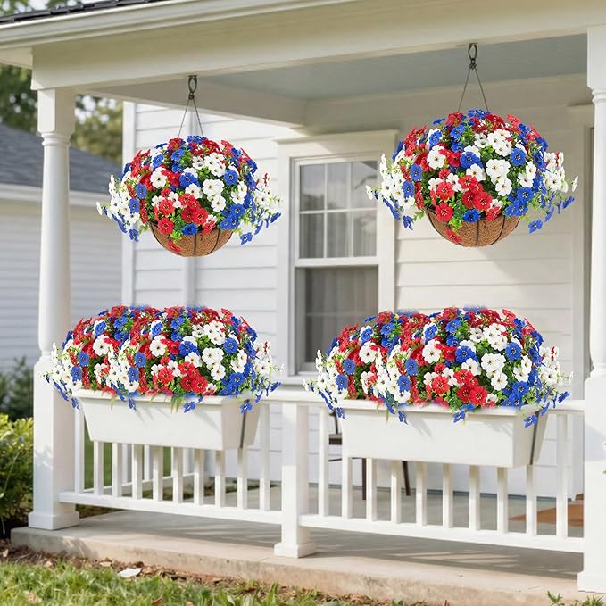 Hananona 2 Set Artificial Outdoor Flowers with Hanging Basket, 2 Hanging Planters with 24 Pcs Patriotic Flowers for Summer Front Porch Patio 4th of July Decor (Red, White, Blue)