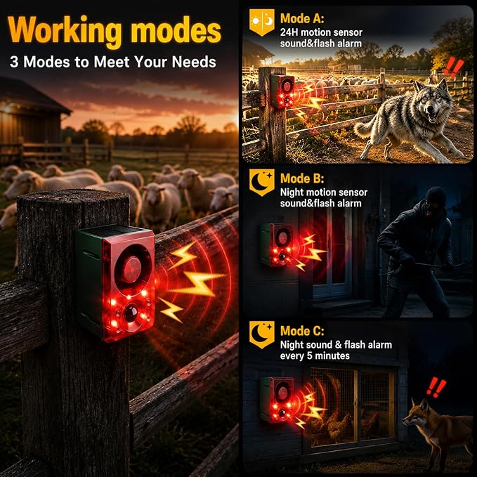 ChunHee Solar Outdoor Motion Sensor Alarm with Dog Barking Gunshot Sound, Support Recording and Adjustable Volume, 130db Loud Noise Maker 3 Work Modes Strobe Light for Home, Villa, Farm, Barn (3pack)