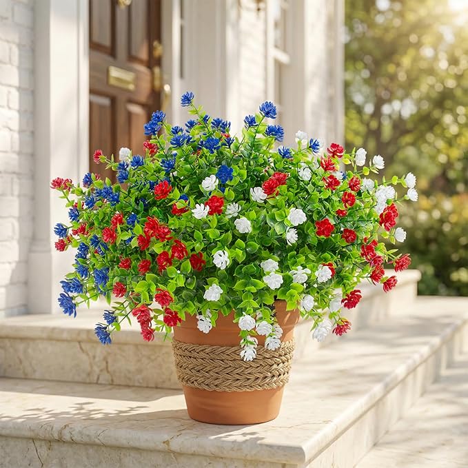 Hananona 24 Pcs Artificial Flowers Outdoor, Faux Artificial Plants UV Resistant Plastic Patriotic Flower Bulk for 4th of July Hanging Planter Porch Window Home Summer Decor (24, Red, White, Blue)
