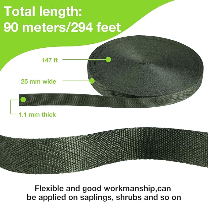 Shappy Tree Tie Strap Garden Webbing Strap Garden Plant Supports Tree Tie Staking and Guying for Outdoor Use, Plant Supports, Grafting, Straightening Supplies(Dark Green,295 Feet x 1 Inch)