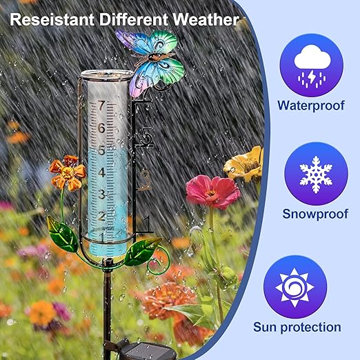 Solar Rain Gauge Outdoor with Metal Stake - 45" Decorative Butterfly Rain Gauge, 7 Inch Capacity Waterproof Yard Art Garden Decor with LED Light, Unique Gardening Gifts for Mom/Grandma/Family