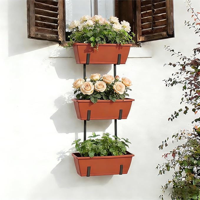 OYEAL Railing Planter Box Window Boxes Planters with Adjustable Brackets Balcony Fence Hanging Flower Planters for Patio, Deck, Porch Railing, Brick Red