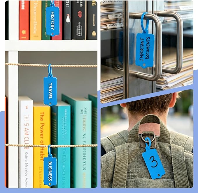 LeonBach 100 PCS Plastic Shipping Tags, 1.46" x 2.48", Waterproof Labels Writable Hanging Tag with Sealing Strap, Shipping Cable Tie Label Tags for Keys Luggage Logistic Retail Inventory(Blue)