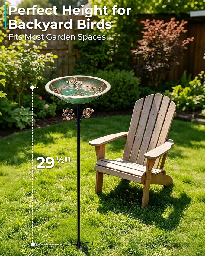 Metal Bird Bath for Outside, 13" Diameter Bird Bath with Removable Bowl, Heavy Duty 5-Prong Stake Base, Freestanding Outdoor Birdbath for Garden Patio Yard (Verdigris Butterfly & Sunflower)