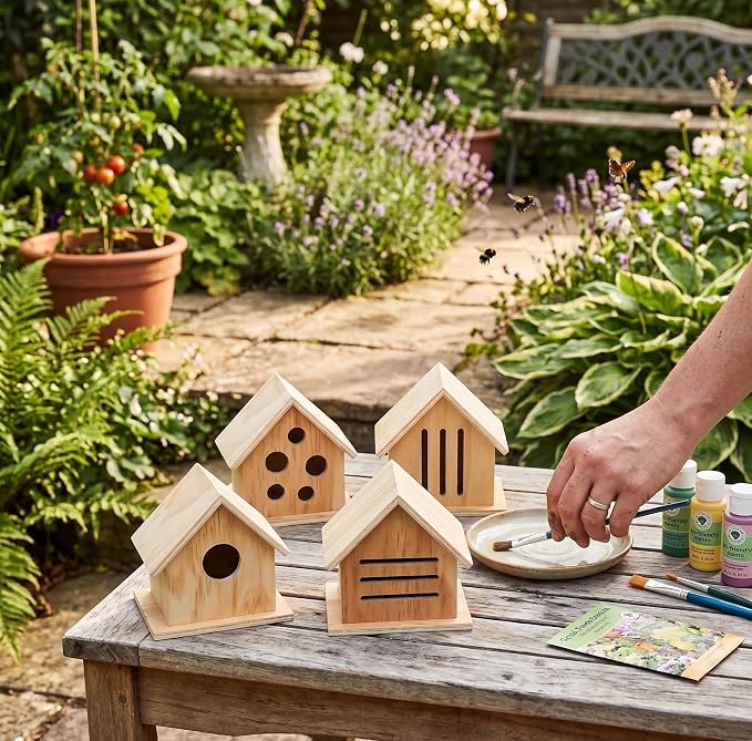 DIY Paintable Craft Kit – 12 Pack Wooden Bird, Bee, Insect & Butterfly Houses for Kids and Adults | 4 Styles, Bulk Set, Outdoor Pollinator Garden Habitat