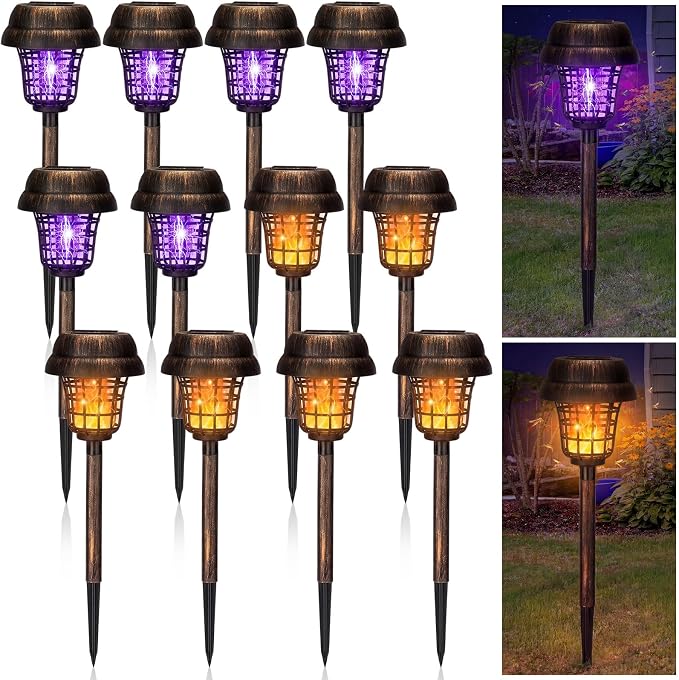 Qualirey 12 Pcs Solar Mosquito Zapper Outdoor Waterproof Solar Powered Bug Zapper Outdoor Mosquito Killer Lamp Trap Repellent Light for Garden Yard Insect (Purple and Flame Light,Bronze)