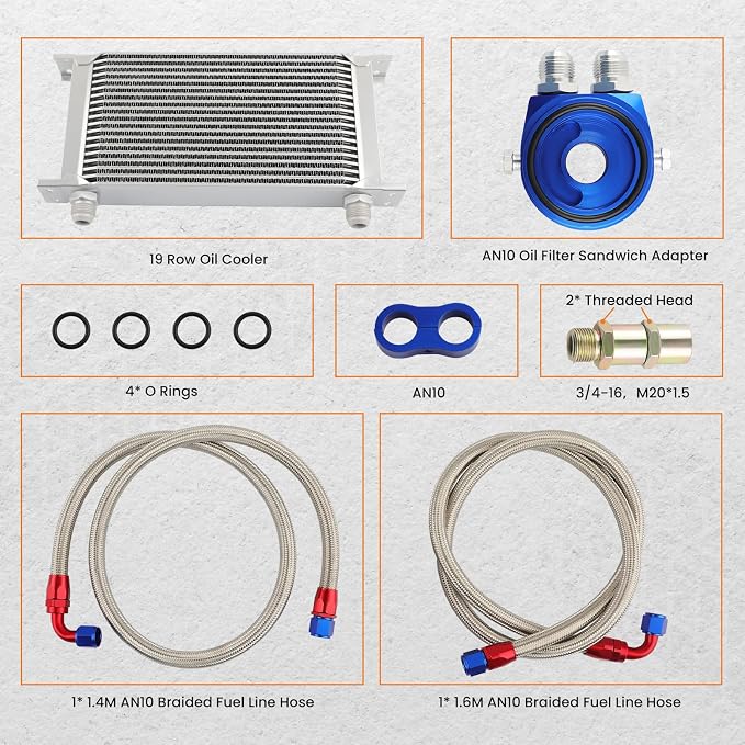 maXpeedingrods Universal 19 Row 10AN Transmission Engine Oil Cooler Kit, British Radiator Oil Cooler Condenser, Stacked Plate Aluminium Alloy Sliver Engine Transmission