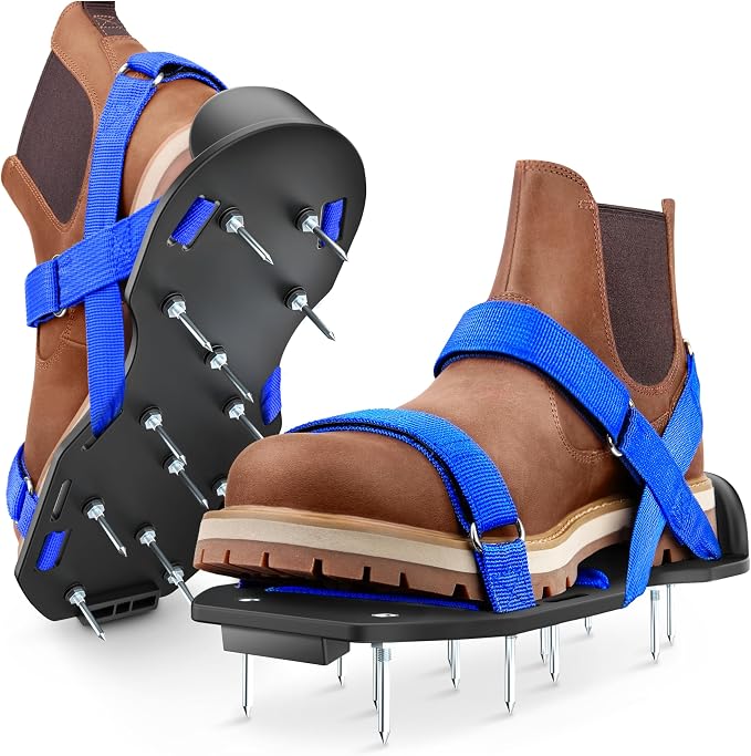 Briliantwerk Lawn Aerator with Adjustable Straps - for Lawn Aeration or as Screed Shoes - Lawn Aerator Shoes as Perfect Aerator Lawn Tool - incl. Two Nail Lengths - Lawn dethatcher - epoxy Shoes
