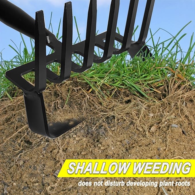 4-Tines Rake and Stirrup Hoe - Adjustable Long Handle Scuffle Loop Hula Action Hoe for Weeding, Digging, Loosening Soil, Stainless Steel Tiller Cultivator for Gardening, Raised Flower Beds Planting.