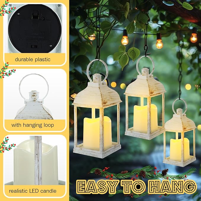 12 Set 10 Inch White Decorative Candle Lanterns Bulk Lanterns Centerpiece with LED Flameless Candle Indoor Outdoor Battery Powered Hanging Lights for Wedding Father Day Party Decoration