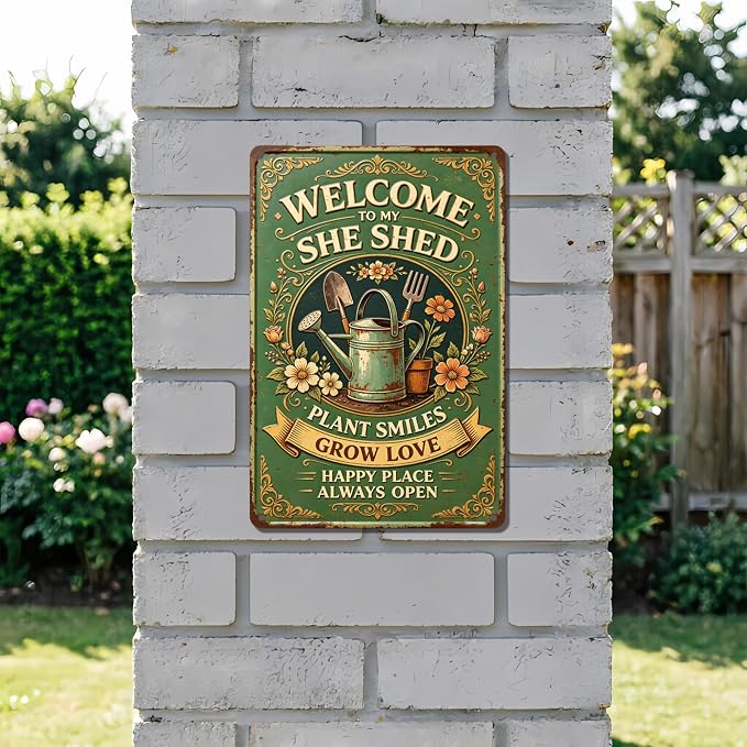 2D Flat Funny Garden Signs, Welcome to My She Shed Vintage Garden Decor, Outdoor Wall Decor for Patio Yard Greenhouse Home, Waterproof Garden Gifts 8x12 Inch