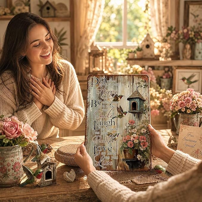 Garden Signs for Outside Vintage Hummingbird Tin Sign Inspirational Wall Decor Do What Makes You Happy Metal Decor Rustic Farmhouse Floral Wall Art for Garden Home Decoration 12x8 Inch