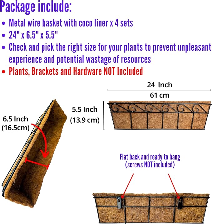 LaLaGreen Wall Mounted Planters - 24 Inch, 4 Pack Window Flower Boxes Basket Outdoor, Balcony Planter Over the Rail, Deck Railing Hanging with Coco Liners, Metal Horse Troughs Fence Patio Porch