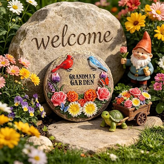 Grandma's Garden Stepping Stones for Mother's Day with Cardinal Robin Birds Flowers Butterflies, Round Resin Stepping Stones for Garden Yard Walkway Patio Grandma Gifts Birthday Retirement