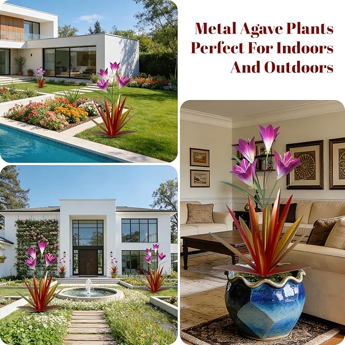 TOMBABY 32.28 Inch Metal Agave Plant Outdoor Decoration Lily Mexican Yard Art Garden Gift Home Decor Hand Painted Metal Agave Garden Yard Statue (2pc, Red)
