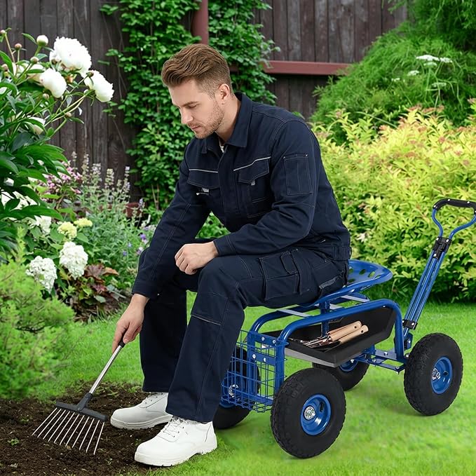 Rolling Garden Work Seat with Wheels, 400lbs Heavy Duty Garden Cart, 360° Swivel Adjustable Height Rolling Stool, Extendable Handle, Storage Basket & Tray for Gardening, Lawn Care, Adults & Seniors