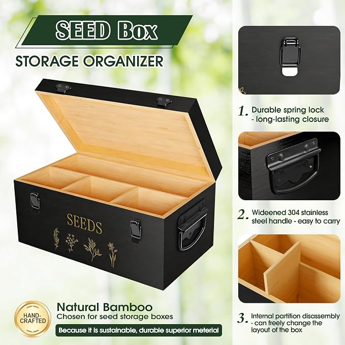Bamboo Seed Storage Organizer, Large Garden Seed Organizer with Lid & Safety Lock & Handles, Seed Box Includes Seed Envelopes and Labels etc, Great Gifts Gardening Kit (Black)
