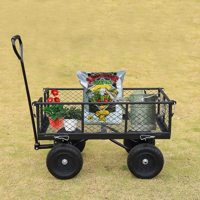 BILT HARD 10" Flat Free Tires Heavy Duty Garden Cart with 180° Rotating Handle and Removable Sides, 4 Cu.Ft 880 lbs Capacity Utility Steel Wagons for Outdoor, Yard