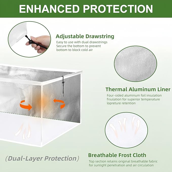 Plant Covers Freeze Protection, Rectangular Plant Cover for Winter, Frost Cloth Plant Freeze Protection for Outdoor Plants, Raised Garden Bed Cover,Winter Frost Blanket with Insulated Liner Drawstring