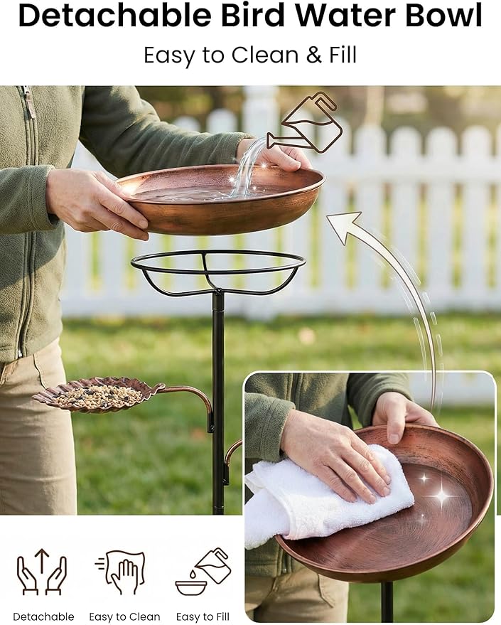 Metal Bird Bath for Outside - Stable Copper Birdbath with Thickened 5-Prong Base | Windproof Heavy Duty Bird Feeder for Garden, Removable Bowl, Rust-Resistant