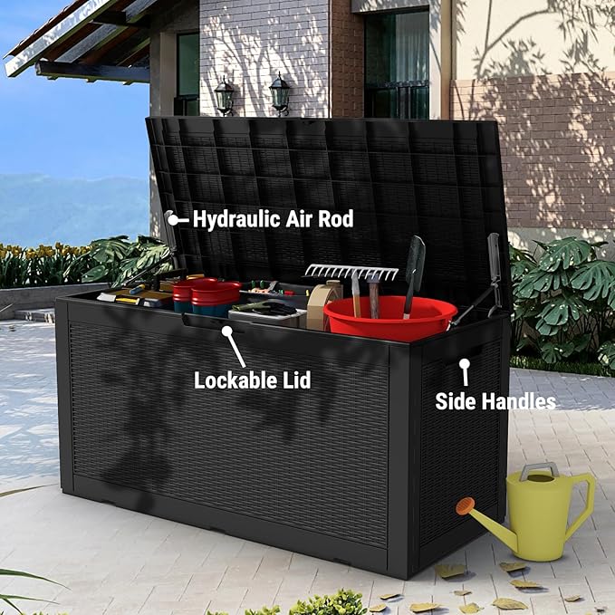 Mars Villa 100 Gallon Outdoor Storage Box, Resin Deck Box Waterproof for Patio Furniture Cushions, Pool Supplies, Gardening Tools, Weatherproof and UV Resistant