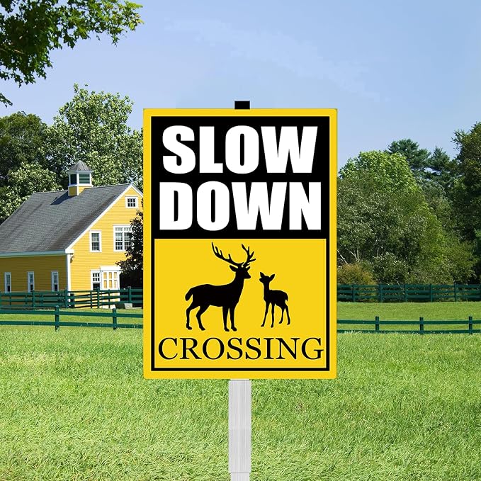 Deer Crossing Slow Down Yard Signs with Stake Safety Sign for Street Rustproof Reflective Aluminum Caution Drive Slowly Watch for Deer Sign Garden Animal Sign for Neighborhoods