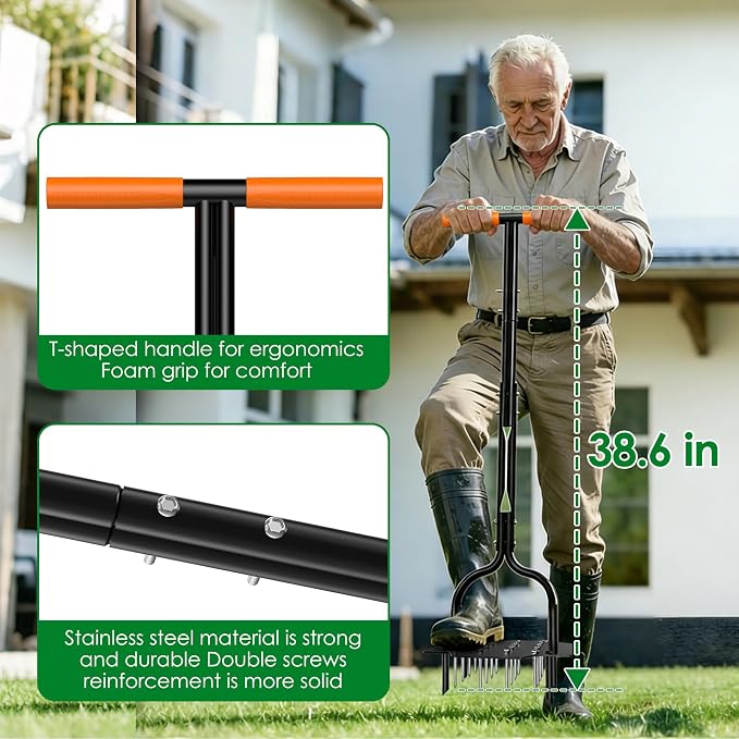 2-in-1 Lawn Aerator, Heavy Duty Manual Core Aerator Lawn Tool with 16 Iron Spikes & 4 Hollow Tines Garden Tools for Yard Grass Soil