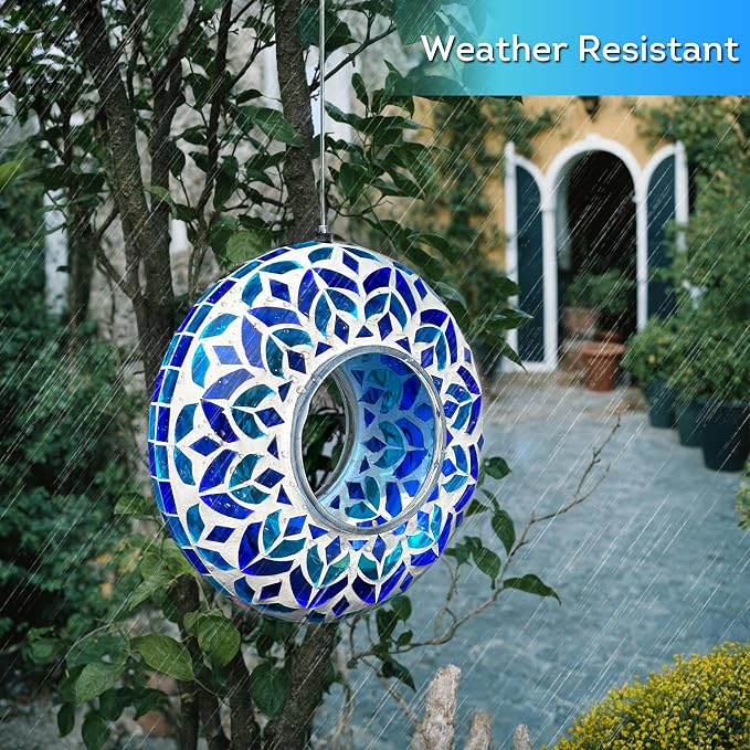 Lily's Home 8" Mosaic Hanging Bird Feeder with 10" Wire - Bird Feeders for Outdoors - Ideal Garden Decor - Easy to Fill and Hang - Perfect for Backyard Wild Birds- Fly-Through Access