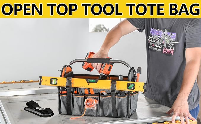 16-Inch Open-Top Tool Tote, 29-Pocket Pro Bag for All Trades | Trusted by Electricians, Plumbers & HVAC pros. Built with 1680D fabric & a padded handle for a comfortable, heavy-load carry