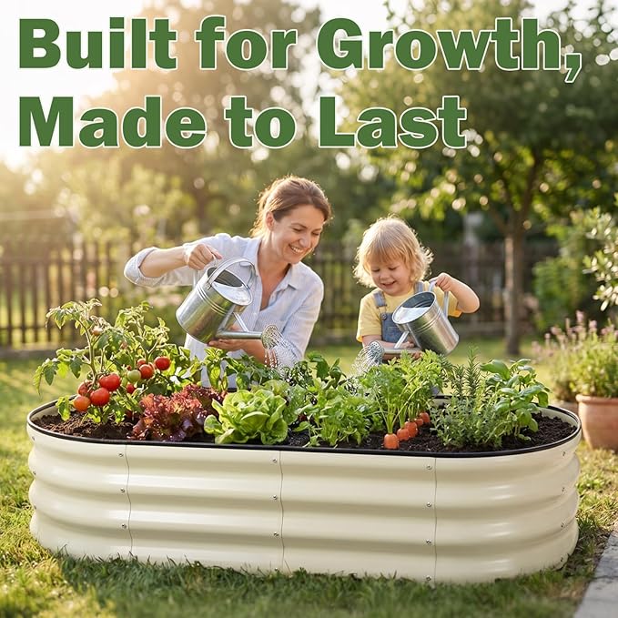 2 PCS Galvanized Raised Garden Bed 4x2x1 Ft, Oval Metal Outdoor Planter Box Kit with Safety Rubber Edge, Easy Assemble Bottomless Large Planting Container for Vegetable, Flower, Fruit, White