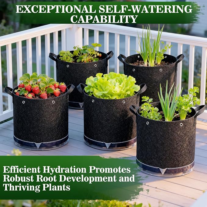 3 Pack 7 Gallon Self-Watering Grow Bags, Thick Nonwoven Fabric Pots with Support Rings and Reinforced Handles, Self-Watering Planters with Bottom Reservoir for Tomatoes Peppers Potatoes and Vegetables