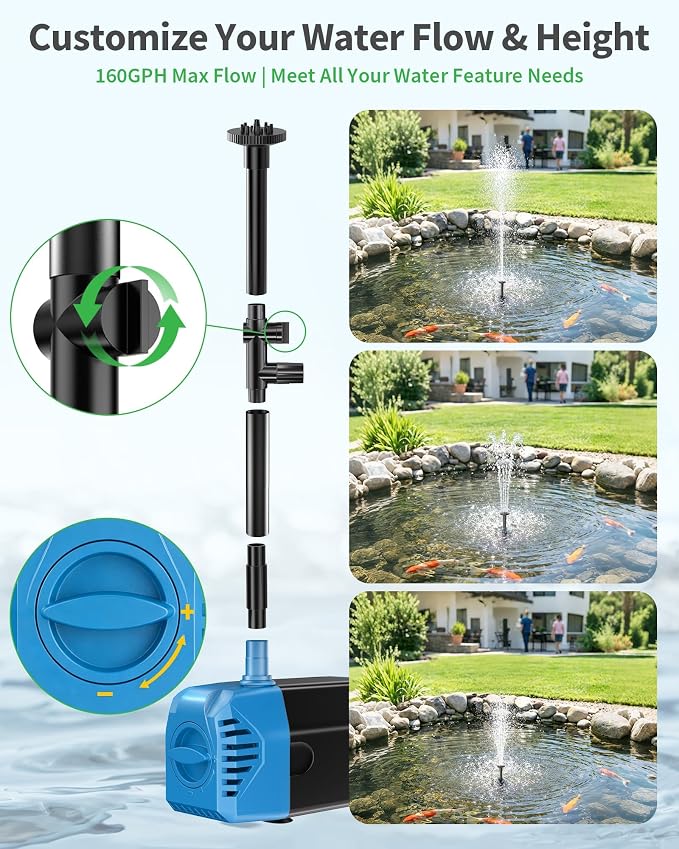 POPOSOAP 12W Solar Water Fountain Pump, 160GPH Submersible Solar Pump with 4 Nozzles & 16.4FT Cable, Dry Run Protection Solar Pond Pump for Bird Bath, Garden Pond, Fish Tank, DIY Water Feature-P112L
