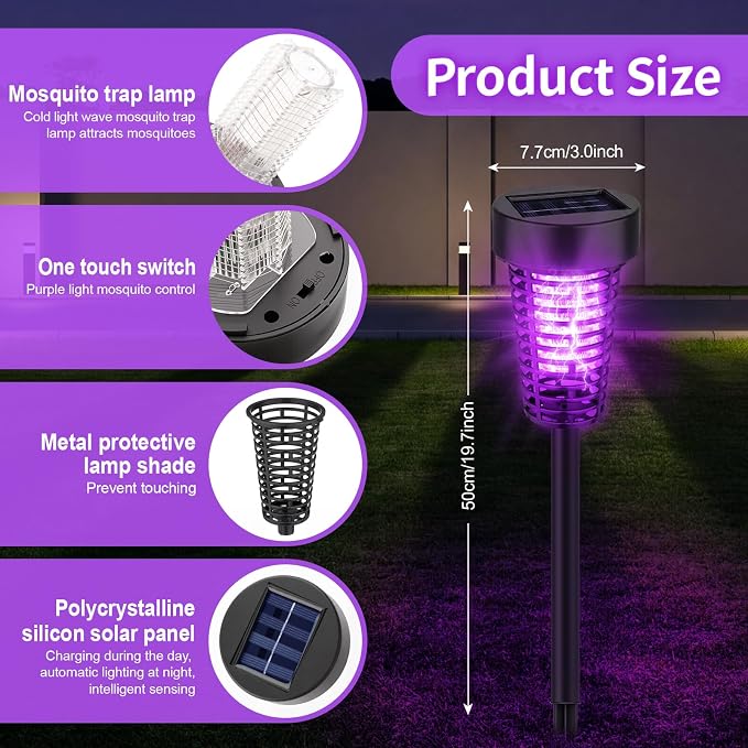 Qualirey 4 Pack Solar Bug Zapper Outdoor Waterproof Mosquito Repellent Killer Bug Zapper Lamp with LED Light for Outdoor Garden Patio Yard (Purple and Flame Light,Black)