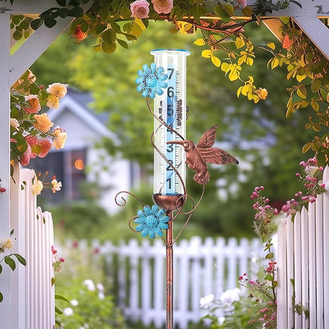 WONDER GARDEN Rain Gauge Outdoor, Decorative Rain Gauges Outdoors Best Rated with Hummingbird and Flower, Freeze Proof Water Rain Measure Gauge for Yard Patio Lawn Garden Decor